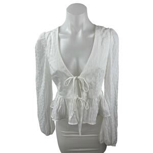 NEW Lulus White Plunge Neck Tie Front Long Puff Sleeve Peplum Blouse Top Size S